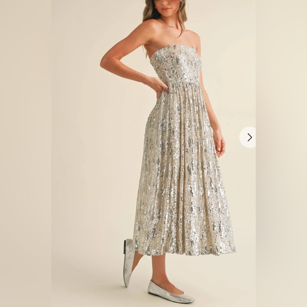 Elegant Sequin Strapless Dress, Midi Dress Formal Sparkle Prom NYE New Years Eve